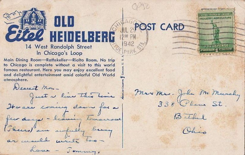 Postcard Eitel Old Heidelberg Chicago IL