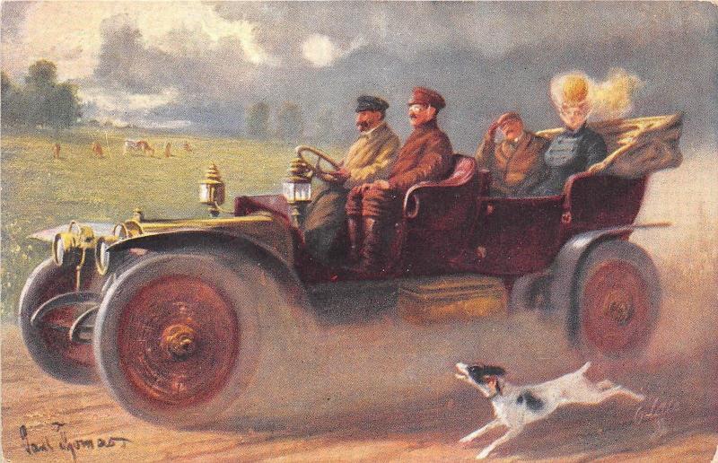 B94128 dog chasing car  voiture painting postcard uk