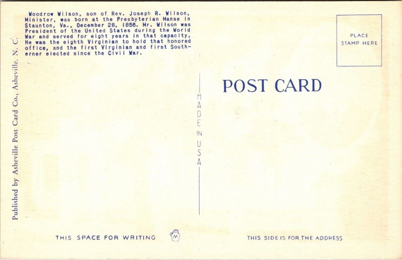 Birthplace Woodrow Wilson Staunton VA Virginia WB Postcard VTG UNP Vintage 