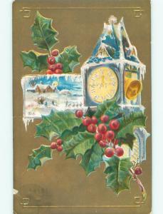 Pre-Linen new year SNOW-COVERED CLOCK TOWER WITH HOLLY k5307