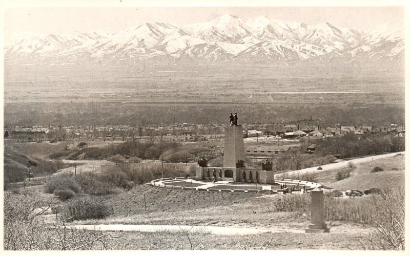 Postcard Real Photo Salt Lake City Utah Pioneer Monument Snow Mountains RPPC