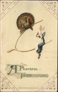 Winsch Thanksgiving Pilgrim Maiden Wishbone and Turkey c1910 Vintage Postcard