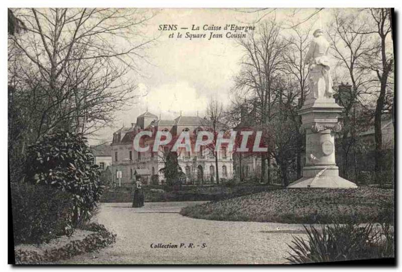 Old Postcard Sens Bank Caisse d & # 39Epargne and the Square Jean Cousin