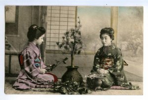 497168 Japan geisha girl in kimono plant small trees Vintage tinted postcard