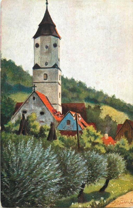 Marke Egemes Serie 40, Nr. 3 artist signed vintage postcard landscape church