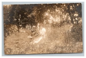 Vintage 1911 RPPC Postcard Husband and Wife Portrait in a Field Straw Hat