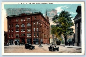 1920 Portland Maine ME Vintage Postcard YMCA High Street Classic Cars Building