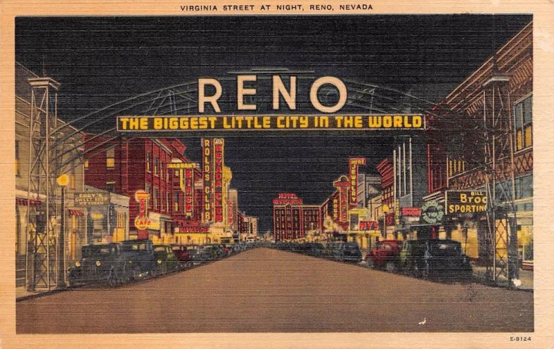 RENO, NV Nevada  VIRGINIA STREET SCENE~Night View CODY'S SWEETS c1940's Postcard
