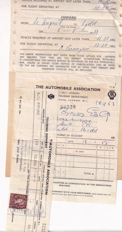 AA Automobile Association 1955 Silver Ferry Car Park 2x Receipts