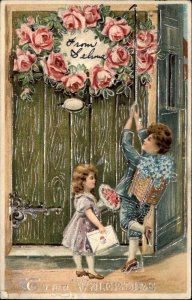 Valentine Little Boy and Girl with Flowers Silver Embossed c1910 Postcard