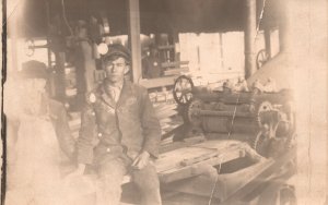 Woodworking Mill, Two Men Dirty Clothes at Work Real Photo RPPC Vintage Postcard