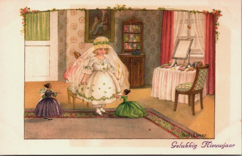 Girl Big Wedding Dress, Dolls, Happy New Year, Pauli Ebner Vintage Postcard C174