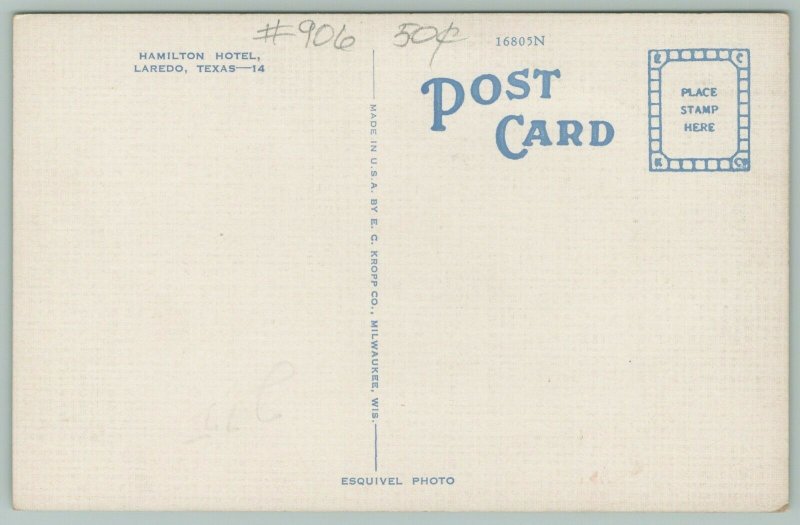 Laredo Texas~Sign on Roof~Hamilton Hotel~Moonlight View~1940s Linen Postcard