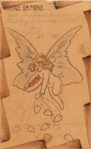 c1906 Leather Valentine Postcard; Flying Cupid Strews Hearts, Here is Mine