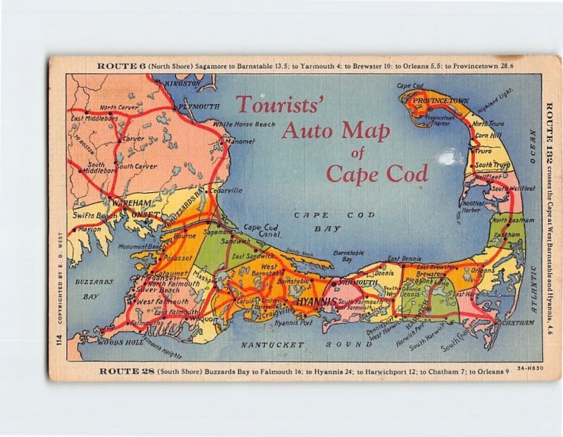 Postcard Tourists' Auto Map of Cape Cod, Massachusetts