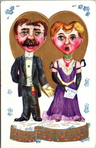 Vtg High Ambitions Man Woman Couple Singing Song Note Gold Gild Heart Postcard