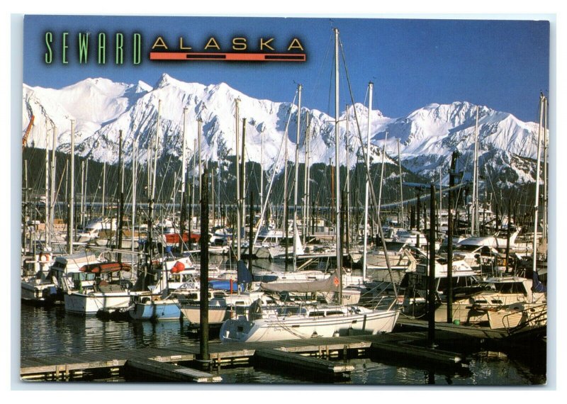 Postcard Seward, Alaska AK view of Boat Harbor and Snow on Kenai Mts ACE1619