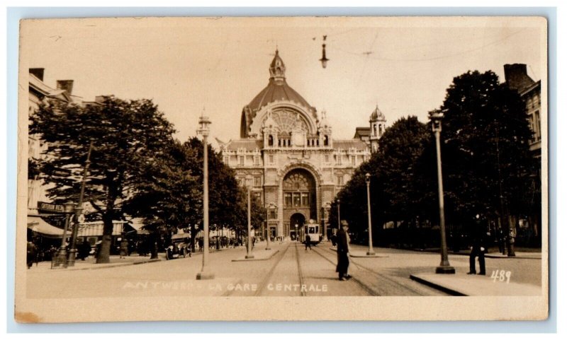 c1920's Central Train Station Trolley Antwerp Belgium RPPC Photo Postcard 