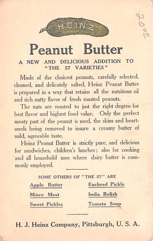 Advertising Post Card Heinz, Peanut Butter Mamma's Favorites Unused