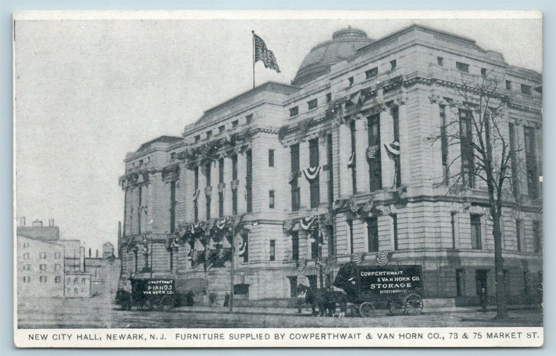 Postcard NJ Newark New City Hall Cowperthwait Van Horn Delivery Wagons U9