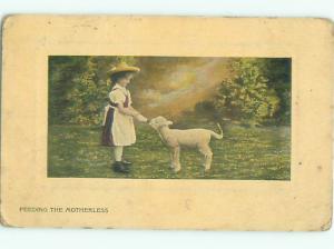 Pre-Linen GIRL FEEDING BABY LAMB ORPHAN AC5847