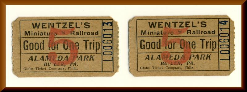 2 Wentzel's Miniature Railroad Tickets, Alameda Park, Butler, Penn/PA, 1940's?