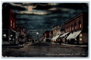 1914 Oregon Street At Night Classic Car Buildings So. Oshkosh Wisconsin Postcard