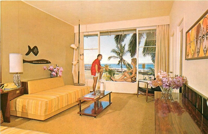 Kona Hawaii Kailua Inn Guest Room Interior Pacific Film 1965 Postcard 24-7801