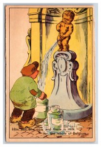 Comic Peeing Fountain Him and One Cow Milk For All Belgium UNP DB Postcard P25