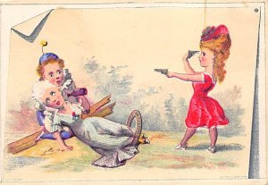 Approx. Size: 3 x 4.5 Woman shooting a clown and herself  Late 1800's Tradeca...