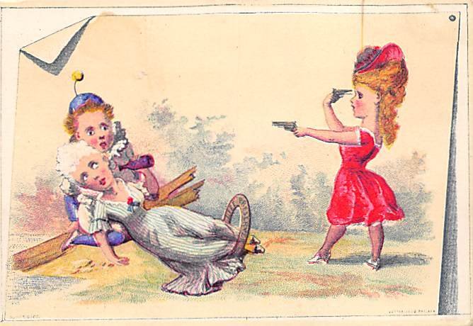 Approx. Size: 3 x 4.5 Woman shooting a clown and herself  Late 1800's Tradeca...