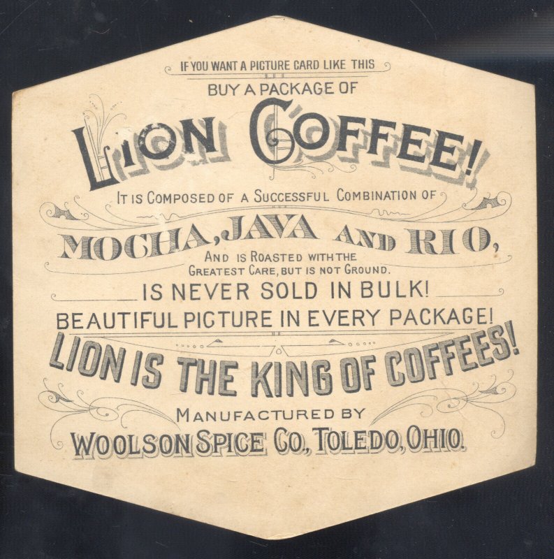 TOLEDO OHIO WOOLSON SPICE COMPANY LION COFFEE GOLDEN WHEAT VICTORIAN TRADE CARD