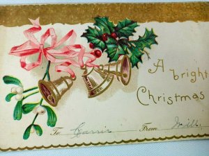 Vintage Postcard A Bright Christmas Bells & Holly Posted 1908 Embossed