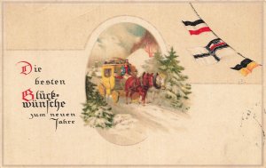 New Year German Imperial Flags Horse Drawn Carriage Winter Postcard c1910s