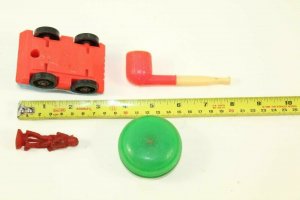 4 Retro Toys Rubber Space Man Fisher Price Police Car Duncan Yo-Yo Pipe