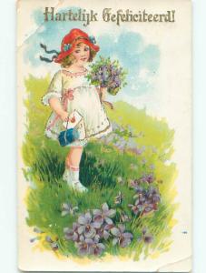 Pre-Chrome foreign CUTE EUROPEAN GIRL HOLDS FLOWERS AND PURSE HANDBAG J4521