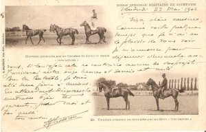 Horses. Ecole Militaire de Saint Cir. Tamdem Old vintage French photo postcard