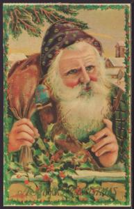 A Merry Christmas,Santa in Green Robe Postcard BIN