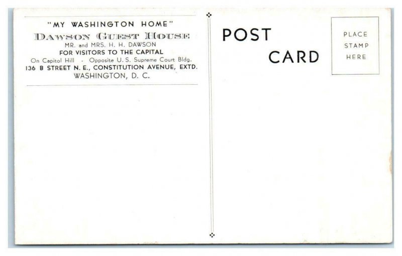 WASHINGTON D.C. ~ Roadside DAWSON GUEST HOUSE Capitol Hill c1940s Postcard
