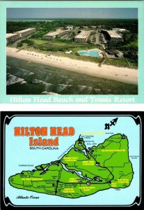 2~4X6 Postcards HILTON HEAD ISLAND SC South Carolina BEACH & TENNIS RESORT & MAP