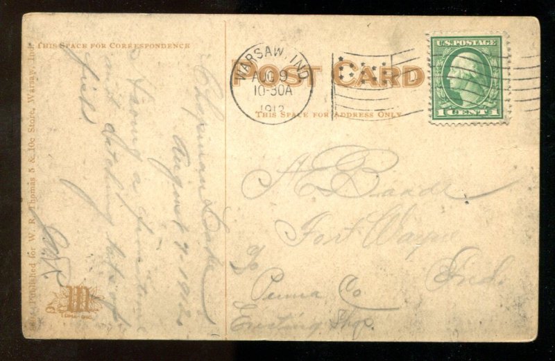 dc989 - WARSAW Indiana 1912 Center Street. Tram. Postcard