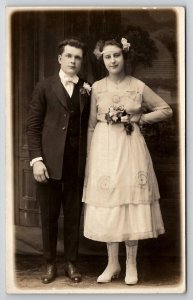 RPPC Dapper Young Man His Pretty Bride Studio Photo Waterbury CT Postcard S30