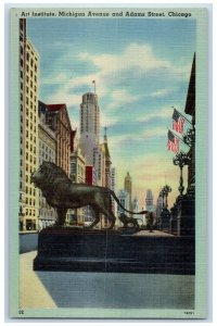 c1940's Lion Statues Art Institute Michigan Ave Adams Street Chicago IL Postcard