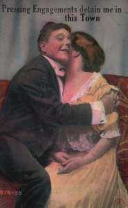 Vintage Postcard 1912 Lovers Couple Hugging Pressing Engagements In Town