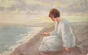 Lady, writting in the sands Old vintage Italian, artist drawn, postcard