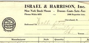 1936 ISRAEL & HARRISON DRESSES SUITS FURS CLEVELAND OHIO BILLHEAD INVOICE Z2272