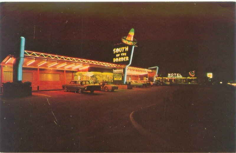 South Carolina South of the Border Restaurant Night View Old Cars Postcard