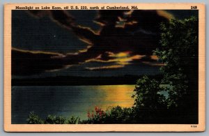 Postcard Cumberland MD c1940s Moonlight on Lake Koon off U.S. 220