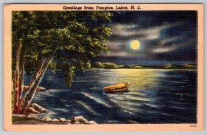 1949 GREETINGS FROM POMPTON LAKES NEW JERSEY NJ MOONLIGHT VINTAGE LINEN POSTCARD