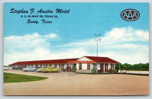 Sealy Texas~Stephen F Austin Motel~Hi-Way 90~1950s Cars~Linen Roadside Postcard